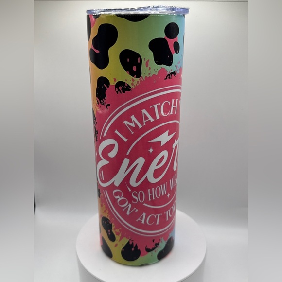 20oz “I Match Energy” Tumbler – Rainbow Leopard Print Stainless Steel Cup - Picture 1 of 3